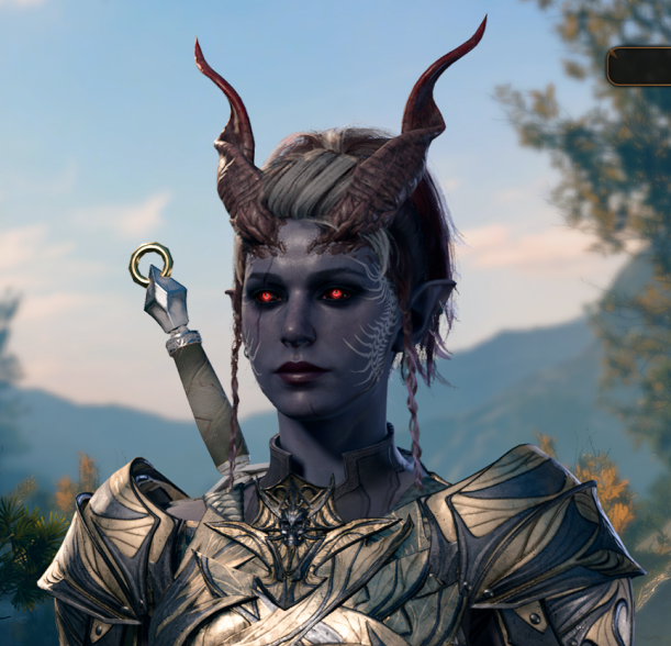 Screenshot of my tiefling rogue character from the game Baldur's Gate 3